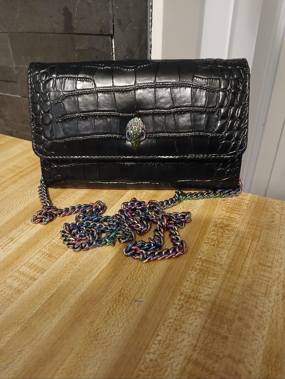 Kurt Geiger Black Croc Embossed Clutch or Crossbody with Multicolor Chain - Picture 2 of 9